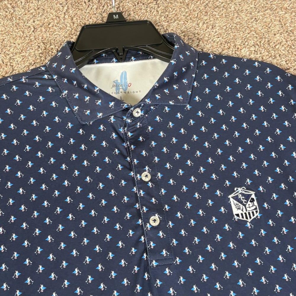 Johnnie-O Featherweight Navy Bird Golf Print Polo Shirt Mens Large BCC Logo